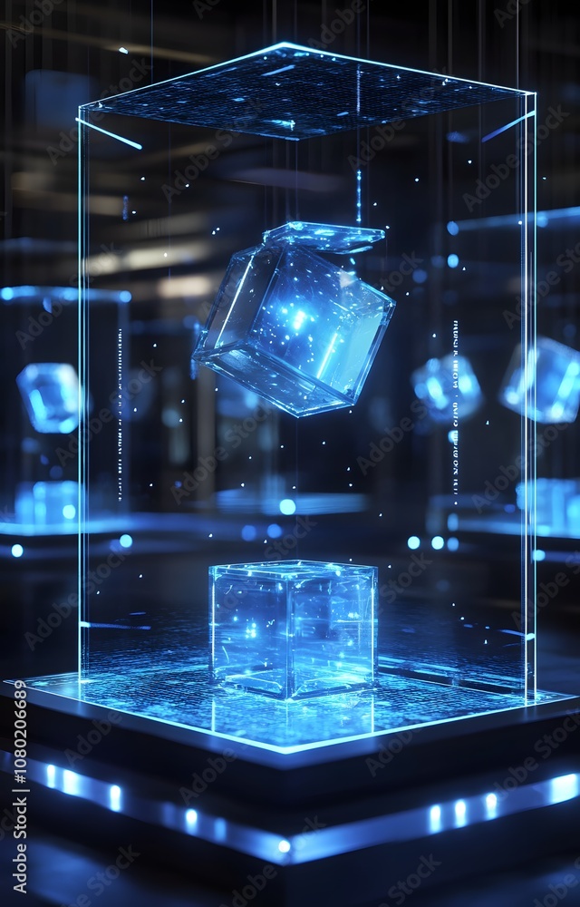 Poster 60. a dynamic 3d display with rotating cubes, glowing edges, and room for a product to stand out.
