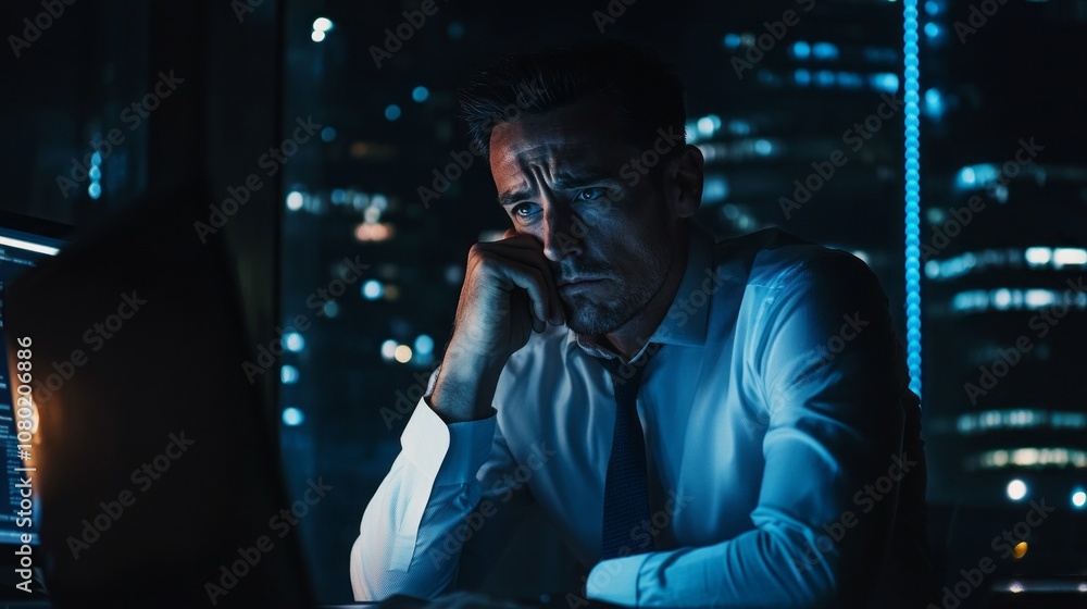 Poster a man is sitting at a desk with a laptop in front of him