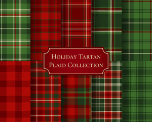 Holiday christmas tartan plaid collection with classic red and green checkered patterns. Checkered new year backdrops set. Buffalo red and green plaids backgrounds. Traditional scottish fabric print.