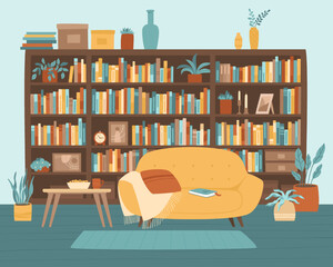 Illustration of home library with cozy sofa near bookshelf. Bookcase, sofa, books, house plants. Flat vector illustration.