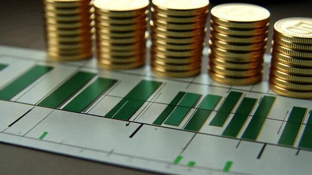 Stacks of Gold Coins Resting on a Green Bar Graph