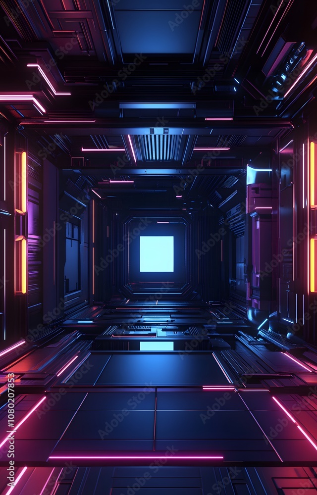 Poster 62. a futuristic 3d showcase with glowing geometric structures and an empty area in the center for a