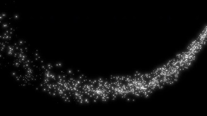 Abstract animation of shimmering silver particles forming a dynamic trail on a black background, rendered in smooth 60 FPS.