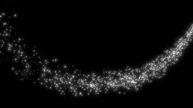 Abstract animation of shimmering silver particles forming a dynamic trail on a black background, rendered in smooth 60 FPS.