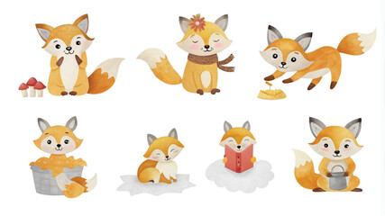 Cute cartoon foxes set on white background. Vector illustration.