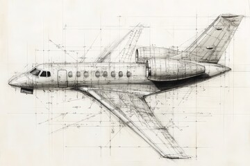 The sketch illustrates a detailed technical drawing of a private jet, highlighting its design features, dimensions, and structural components. The drawing captures the elegance of the aircrafts form.