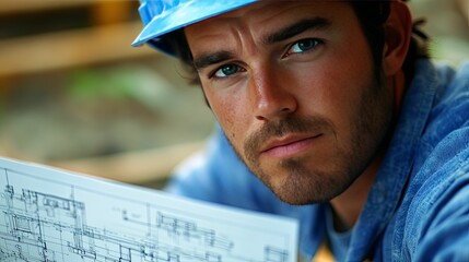 Construction Worker Examining Blueprint with Serious Expression