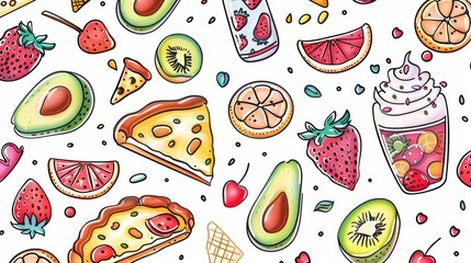 The image is a colorful and playful pattern featuring a variety of food and drink items.