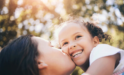 Mother, girl and kiss with park, love and smile for bonding outdoor together. African woman,...