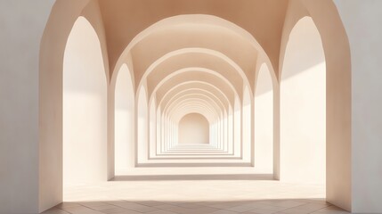 Naklejka premium A long hallway with arches receding into the distance, with a light beige color scheme.