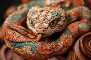 Detailed Wooden Snake Sculpture with Realistic Texture and Floral Motif