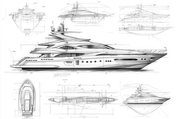 Obraz premium The drawing illustrates a detailed technical sketch of a luxury yacht, highlighting its elegant features and intricate design elements from multiple perspectives.