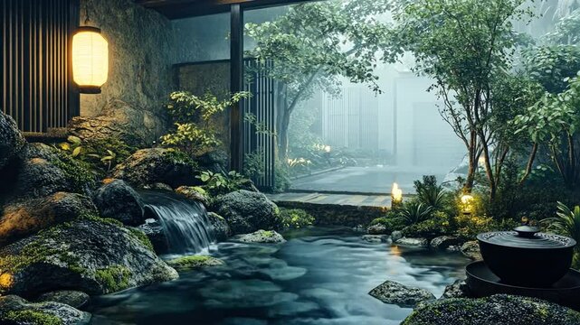 Tranquil Japanese Garden with Stream, Waterfall, and Misty Trees