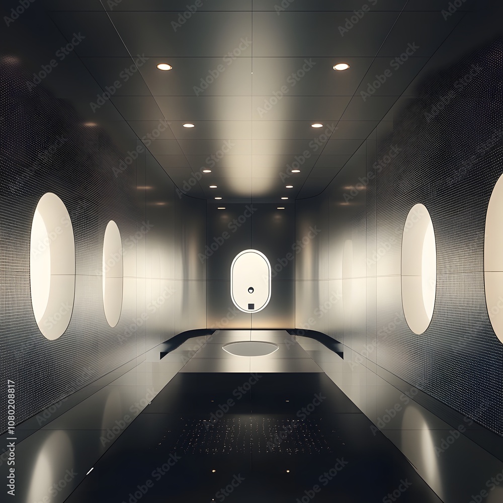 Poster 64. A minimalist 3D space with high-tech floating panels and ambient lighting, creating space for a product in the center