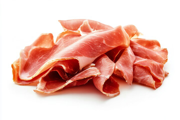 Obraz premium Slices of prosciutto crudo isolated on white background. Thin slices of Italian dry-cured ham