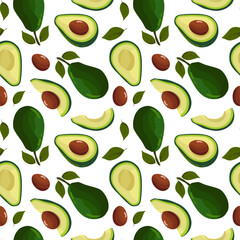 Seamless pattern Avocado whole and sliced avocado slices, with seeds on white background, vector illustration Template for kitchen textile, wrapping paper