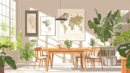 Stylish and botany interior of dining room with design modern home decor. Template.