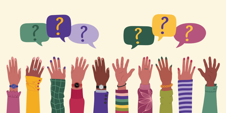 Group of multiracial people raising hands and speech bubbles with questions marks. FAQ and questions concept. Hand drawn vector vector illustration isolated on light background, flat cartoon style.