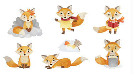 Cute foxes set. Vector illustration in a flat style.