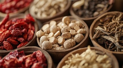 Obraz premium Dried Herbs and Roots in Bowls