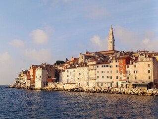 Touristic destination Rovinj, istria, Croatia. Panoramic view of the coast and town.
