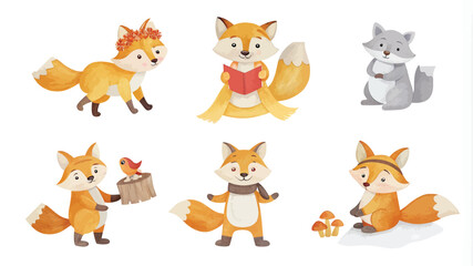 Cute foxes collection. Cute cartoon animal character. Vector illustration