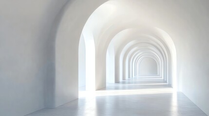 A long, white hallway with arches receding into the distance.
