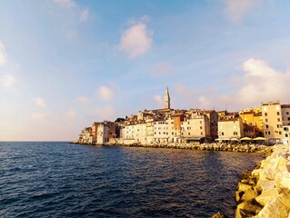 Touristic destination Rovinj, istria, Croatia. Panoramic view of the coast and town.