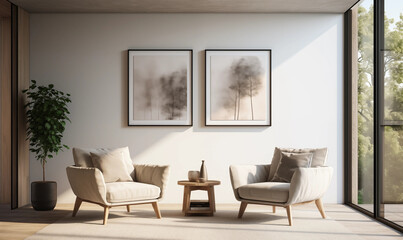 Fototapeta premium Minimalist Living Room Interior Design with Two Armchairs and Artwork