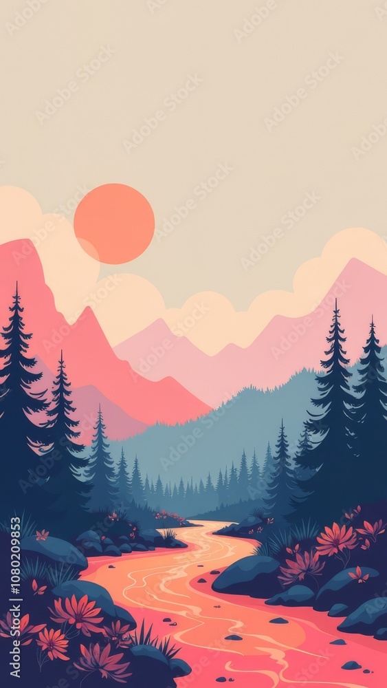 Poster A mountain range with a river running through it