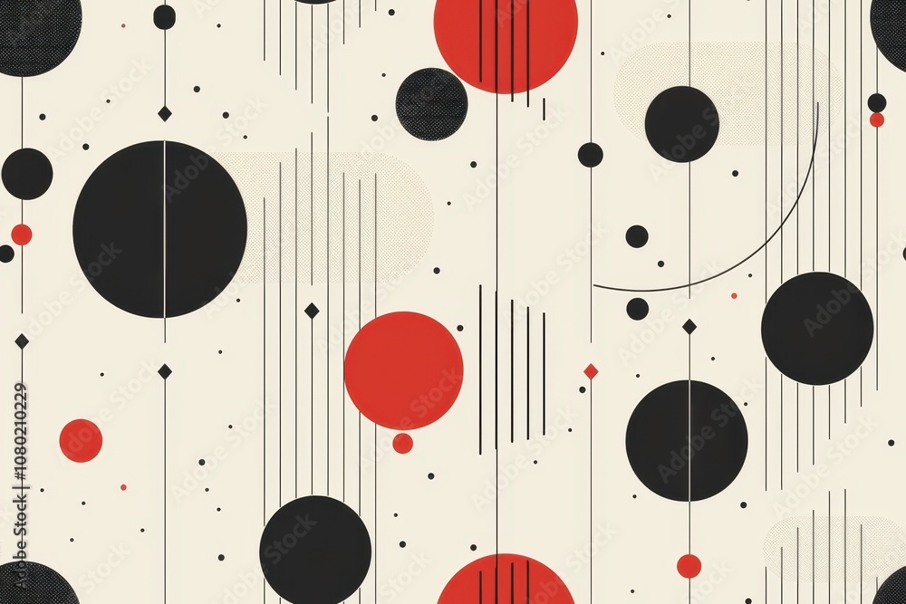 Poster minimalistic seamless pattern featuring geometric shapes with red, black, and cream colors ideal for
