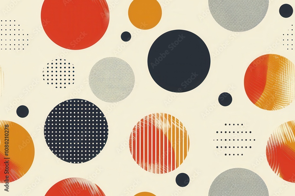 Poster minimalistic seamless pattern featuring colorful circles and dots on a light background, ideal for m