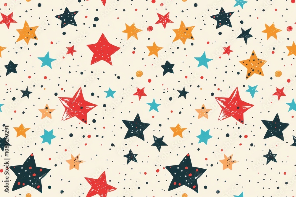 Poster colorful seamless pattern featuring sparse and simple stars with various shapes and dots on a light 