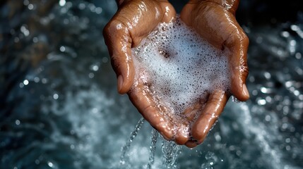 Fototapeta premium Close-up of a Pair of Hands Gently Scrubbing with Soap, Creating Bubbles While Standing Above a Flowing Water Surface, Capturing the Essence of Cleanliness and Hygiene