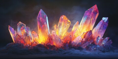 Fototapeta premium Vibrant Modern Art Piece Featuring Colorful Crystals Illuminated by a Mesmerizing Glow Against a Dark Background