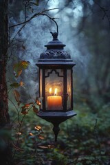 An antique lantern with a candle inside, in a quiet forest at dawn. 