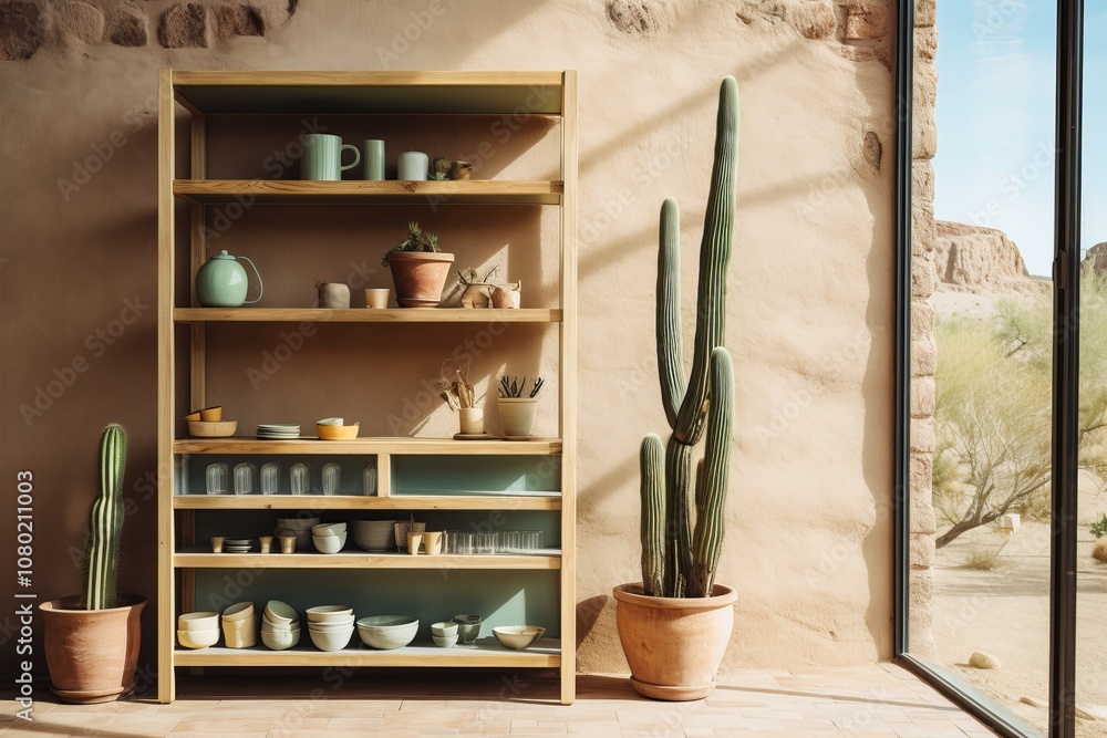 Poster a rustic shelf adorned with pottery and succulents in a sunlit desert home. generative ai