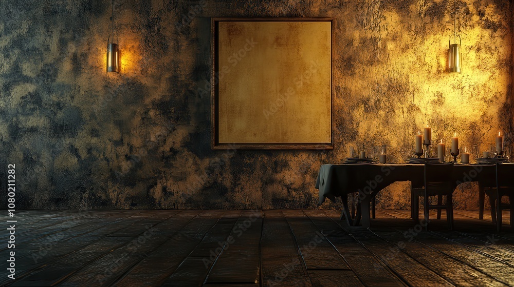 Poster warm rustic room with empty wall and table setup