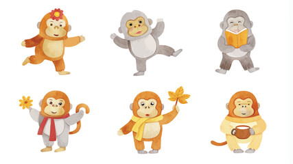 Obraz premium Monkey character set. Vector illustration of a cartoon monkey character.