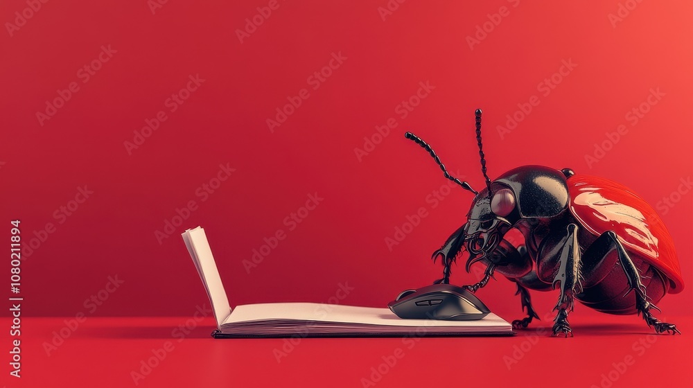 Poster a colorful beetle engaged in using a computer mouse while typing on an open book against a vibrant r