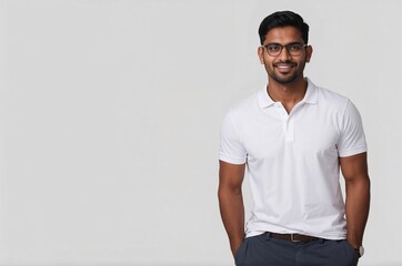 Confident young indian man in a white polo shirt and dark trousers, standing casually with hands in pockets against a neutral background. Ideal for themes of modern lifestyle, professionalism.