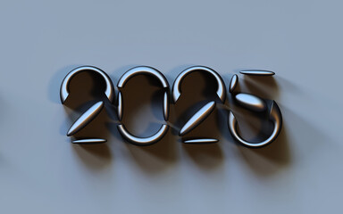 Happy new year 2025, highly reflective metallic text isolated on blue background with copy space, 3d rendering, 3d illustration