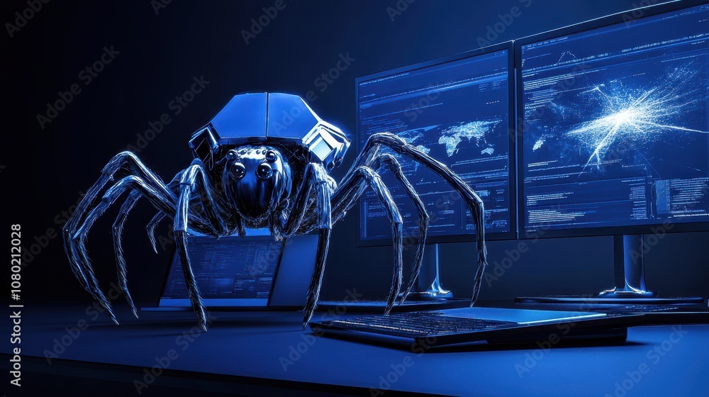 Poster futuristic robot spider engaged in multitasking with multiple computer screens, representing advance