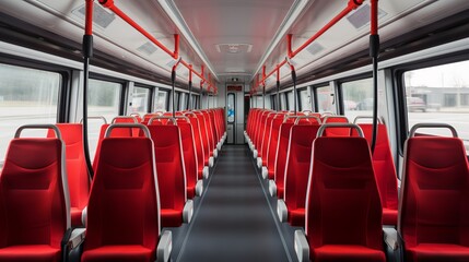 Bright red seats create a striking atmosphere in nearly empty transit car. Generative AI