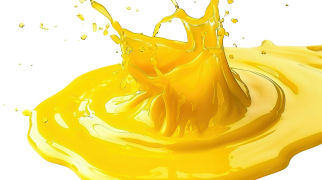 Dynamic splash of vibrant yellow liquid on white transparent background
