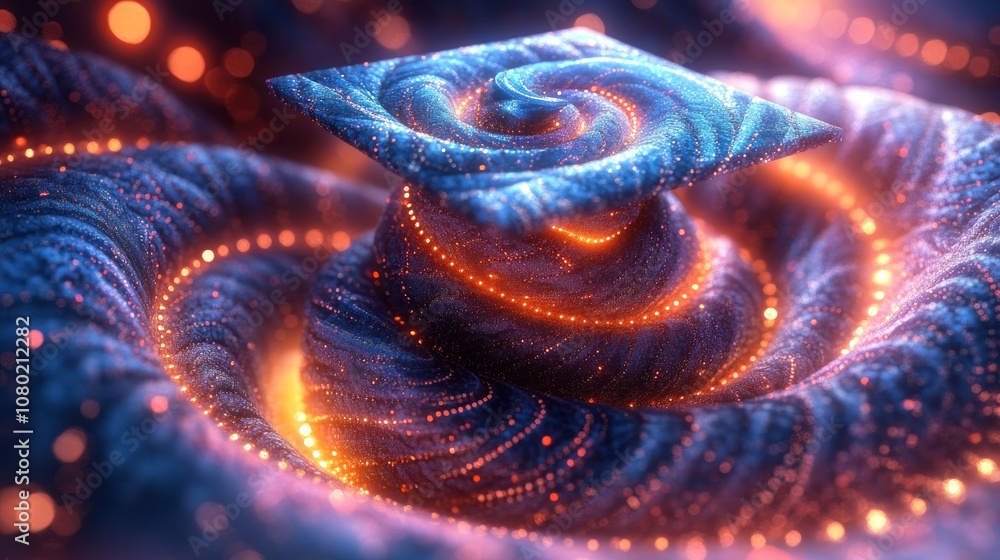 Poster abstract swirling patterns with glowing elements in a cosmic design.
