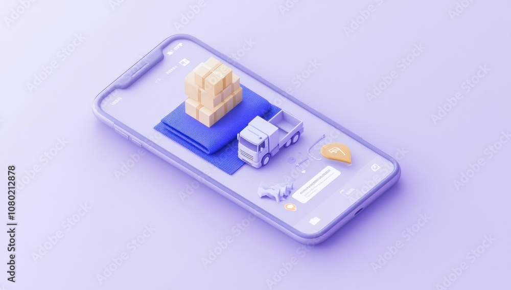 Poster A smartphone displaying a delivery app with packages and a truck, emphasizing logistics.