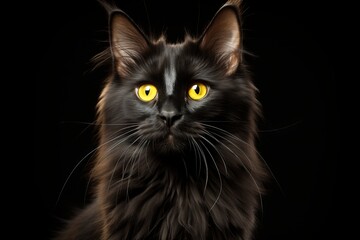 Elegant black cat with striking yellow eyes against a dark backdrop. Generative AI