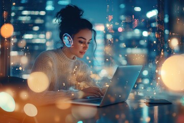 A woman with headphones works on a laptop in a cityscape at night, surrounded by lights.