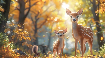 Urban cartoon wildlife park with friendly deer. AI generated